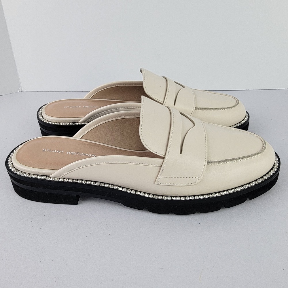 Stuart Weitzman Monty Mule Women 9.5 Beige Rhinestone Penny Loafer Old Money